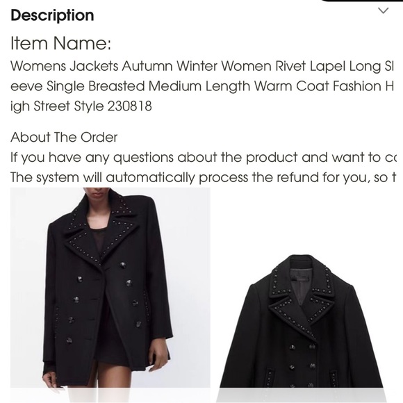 🌷SOLD 🌷ZARA Black Wool Blend Studded Double-Breasted Coat/Jacket | Medium | NWT - Picture 9 of 13